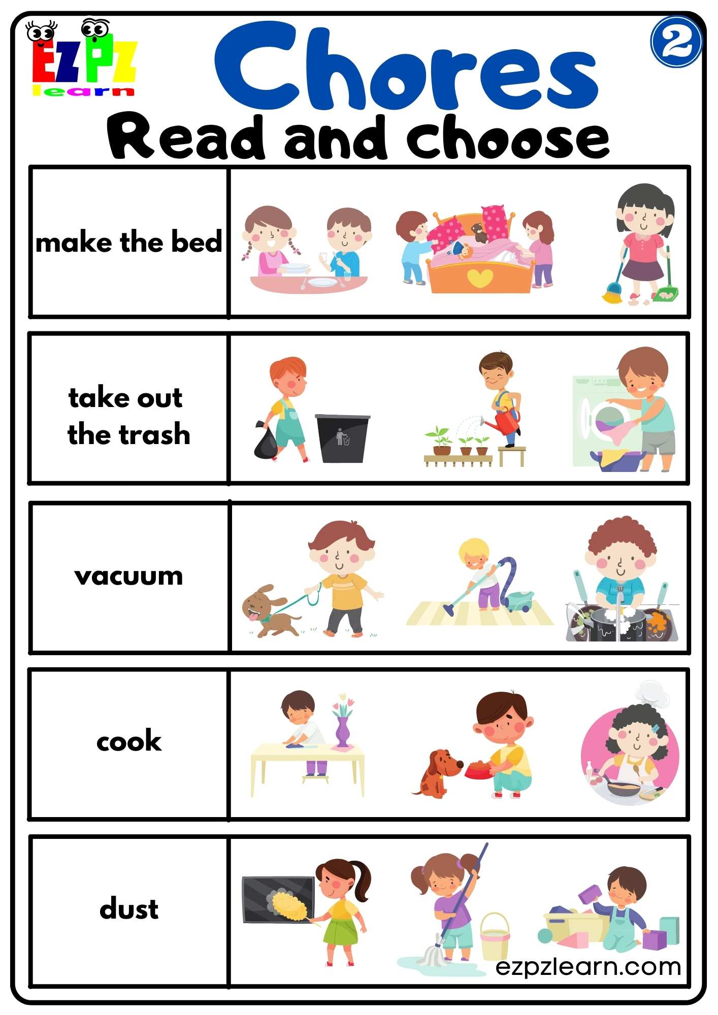 Household Chores Vocabulary Read And Choose Worksheet For Children And